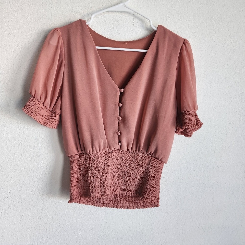 Peach V-Neck Gathered Short Sleeved Blouse with Buttons